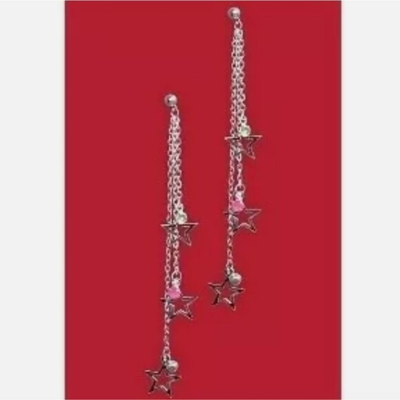 Vintage HOT TOPIC NEW Silver Star Crystal Dangle Earrings Punk Rock VTG - Picture 1 of 3